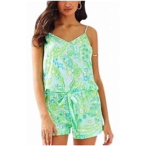 Lilly Pulitzer Deanna Poo Tank Top Romper Blue Green Any Fins XL - Picture 1 of 4